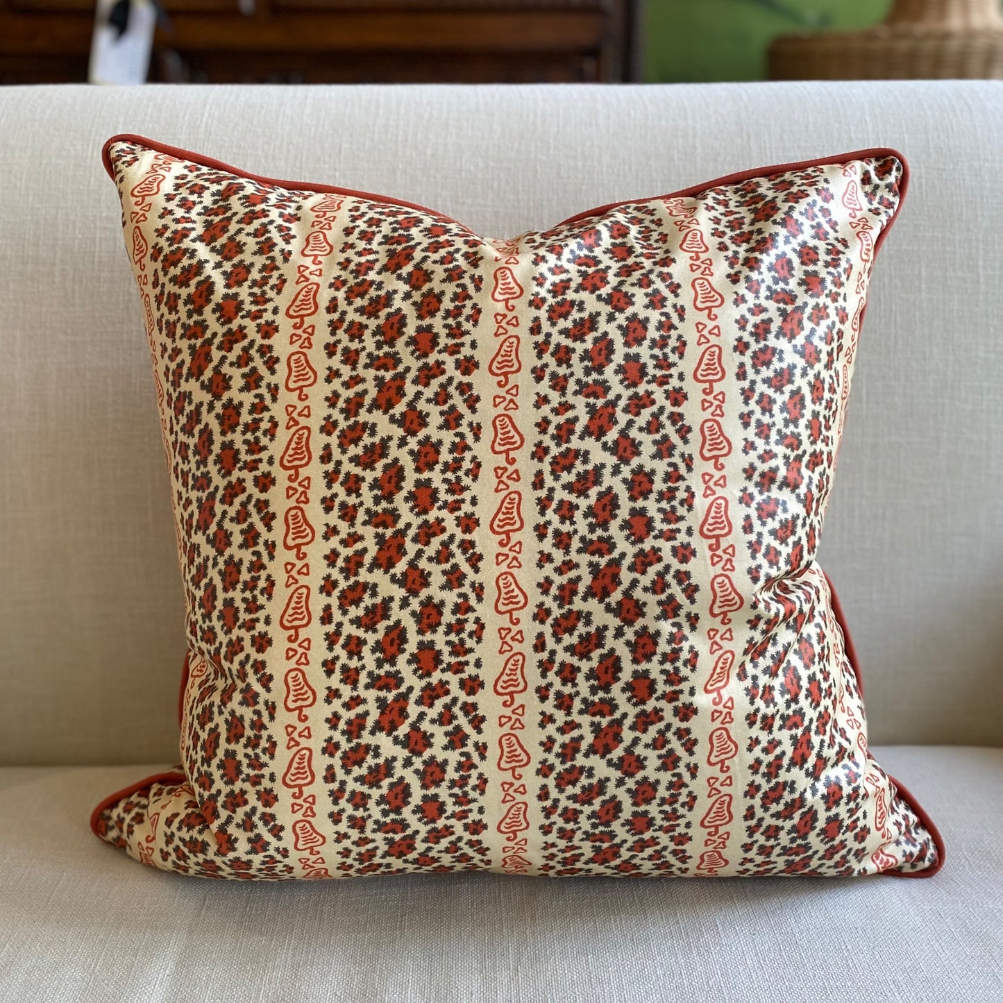Red Leopard Stripe Chintz Cushion with Contrast Piping